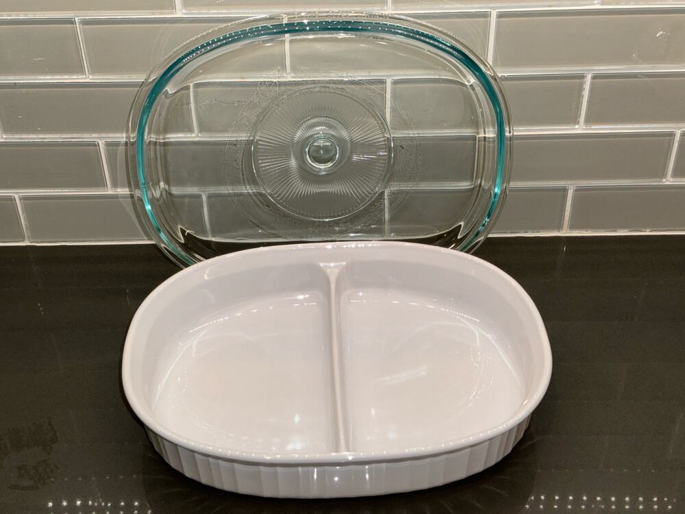 CorningWare French White 1.8 qt. Divided Oval Casserole Baking Dish F-6-B
